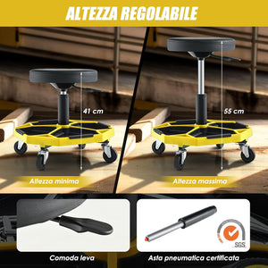 Sgabello da Officina con Ruote, con Ripiano per Attrezzi e Viti, Portata di 150 kg, Altezza Regolabile e Girevole, Sedia Meccanico per Garage, Officina (Giallo)
