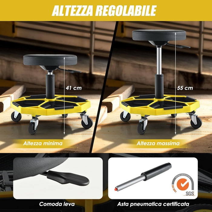 Sgabello da Officina con Ruote, con Ripiano per Attrezzi e Viti, Portata di 150 kg, Altezza Regolabile e Girevole, Sedia Meccanico per Garage, Officina (Giallo)