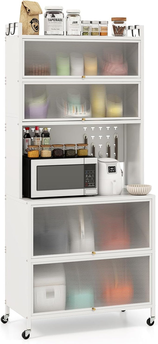 Credenza Alta per Cucina con 6 Ripiani e 4 Ante a Ribalta Traslucide, Mobile Cucina con Ruote e Panello a Ganci, Armadio Cucina Porta Microonde (80 x 40 x 178 cm,Bianco)