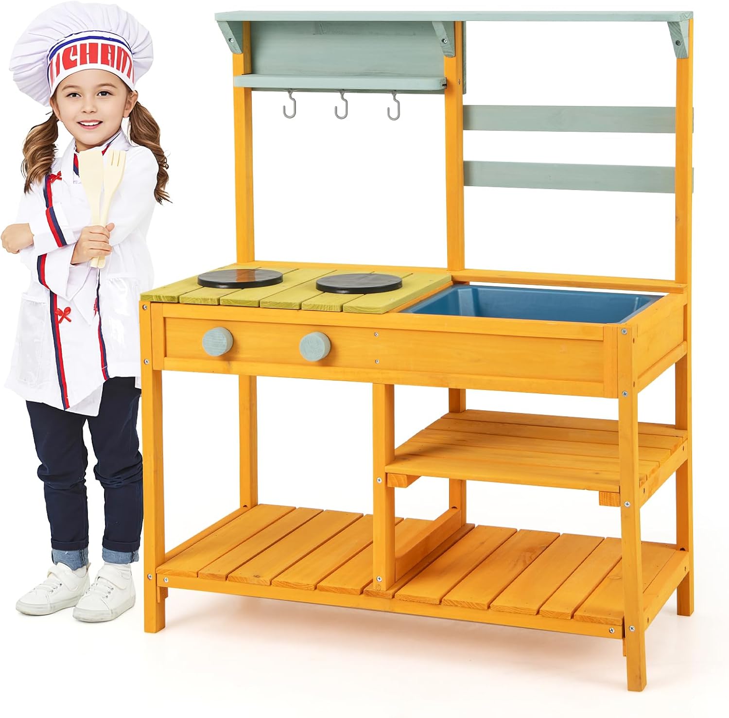 Cucina Giocattolo per Giardino in Legno di Pino, Cucina per Bambini con 2 Fornelli a Manopola, Lavandino e 3 Ganci, Set Cucina con Ripiani Aperti, 75 x 36 x 92 cm (Giallo)