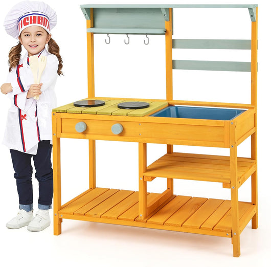 Cucina Giocattolo per Giardino in Legno di Pino, Cucina per Bambini con 2 Fornelli a Manopola, Lavandino e 3 Ganci, Set Cucina con Ripiani Aperti, 75 x 36 x 92 cm (Giallo)