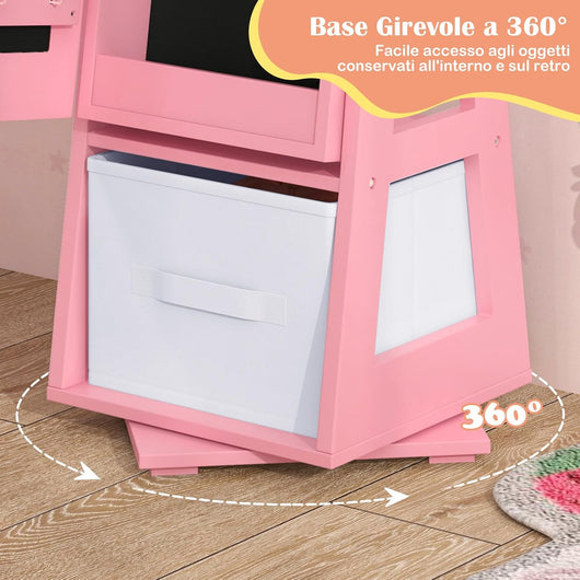 Armadietto Portagioie per Bambini 31,5 x 29,5 x 119cm, Specchio a Figura Intera a Forma di Corona con Ganci, Ripiani, Base Girevole a 360°e Cassetto in Tessuto (Rosa)