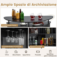 COSTWAY Tavolo Bar Semicircolare 110,5 x 48 x 112,5cm, Bancone Bar a 4 Ripiani con Scaffali di Stoccaggio e 3 Supporti per Calici, Piano Curvo, Fronte in Metallo Perforato e Poggiapiedi, Nero