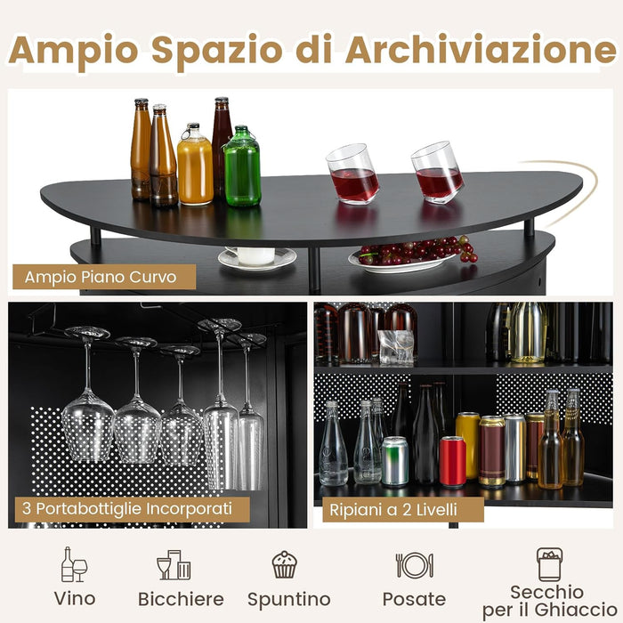 COSTWAY Tavolo Bar Semicircolare 110,5 x 48 x 112,5cm, Bancone Bar a 4 Ripiani con Scaffali di Stoccaggio e 3 Supporti per Calici, Piano Curvo, Fronte in Metallo Perforato e Poggiapiedi, Nero