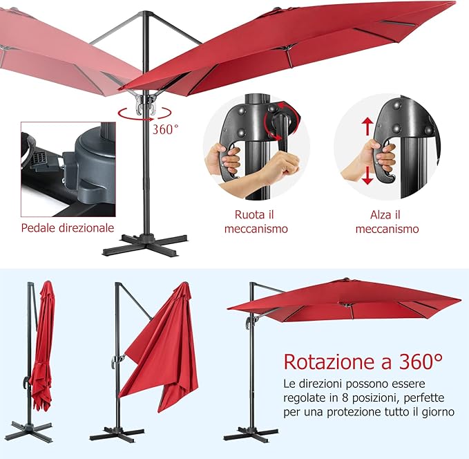 Ombrellone da Giardino, 300 x 300 cm, Ombrellone da Esterno con 3 Inclinazioni, Rotazione a 360°, Manovella, 8 Stecche, Base Incrociata (Vinaccia)