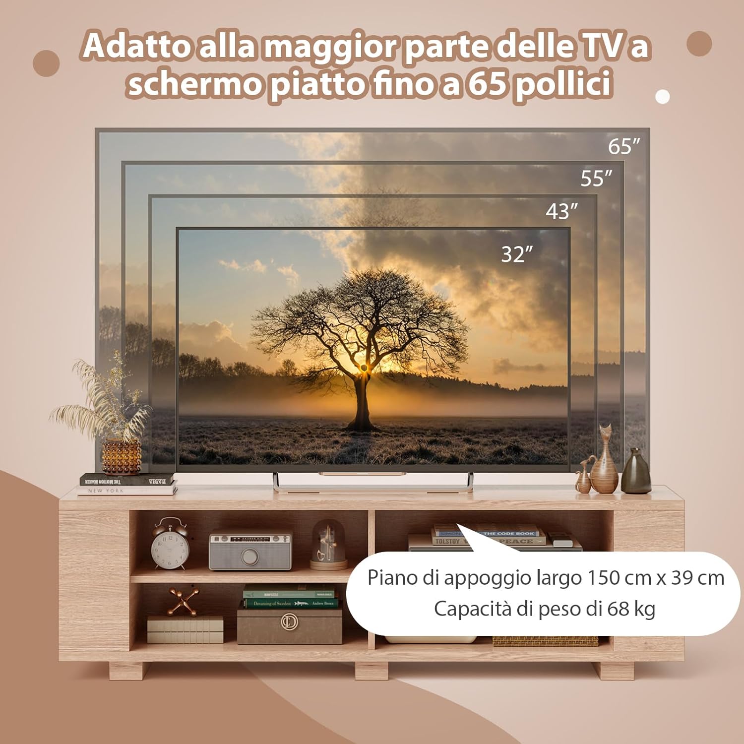 Mobile Porta TV per TV Fino a 65 Pollici, Mobile TV a 3 Livelli con 4 Scomparti Aperti, 4 Vani Laterali, Fori per Cavi, Stile Moderno, 150 x 39 x 45 cm (Naturale)