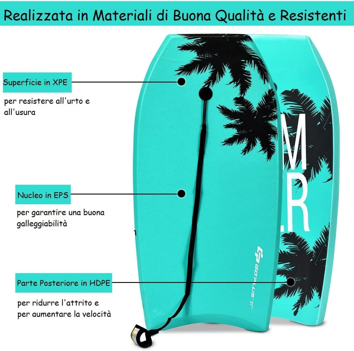 Tavola da Surf in XPE, EPS e HDPE, Tavola Surf Bambini e Adulti con Leash per Polso, Tavoletta Mare Disponibile in Vari Colori, Carico Massimo 85 kg (94 x 47 x 5,5 cm, Turchese)