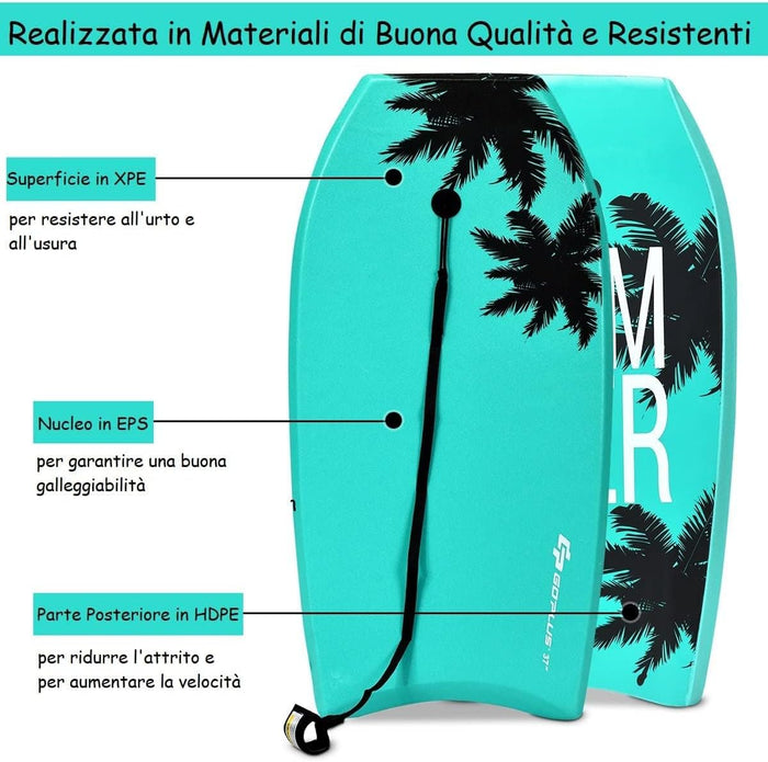 Tavola da Surf in XPE, EPS e HDPE, Tavola Surf Bambini e Adulti con Leash per Polso, Tavoletta Mare Disponibile in Vari Colori, Carico Massimo 85 kg (94 x 47 x 5,5 cm, Turchese)