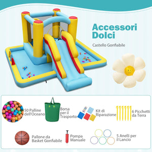 Castello Gonfiabile 7 in 1 per Bambini con Scivolo, Castello Gonfiabile con Mongolfiera, 50 Palline, Anelli e Basket, Gioco Gonfiabile da Interno ed Esterno, per Bambini da 3 a 10 Anni