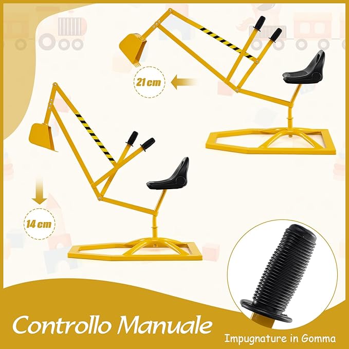 Escavatore Giocattolo per Bambini, Ruspa Cavalcabile con Controlli a 2 Mani e Pala Flessibile, Sedile Girevole a 360°, Ruspa Giocattolo per Esterni, 3 Anni+ (con Base Giallo)