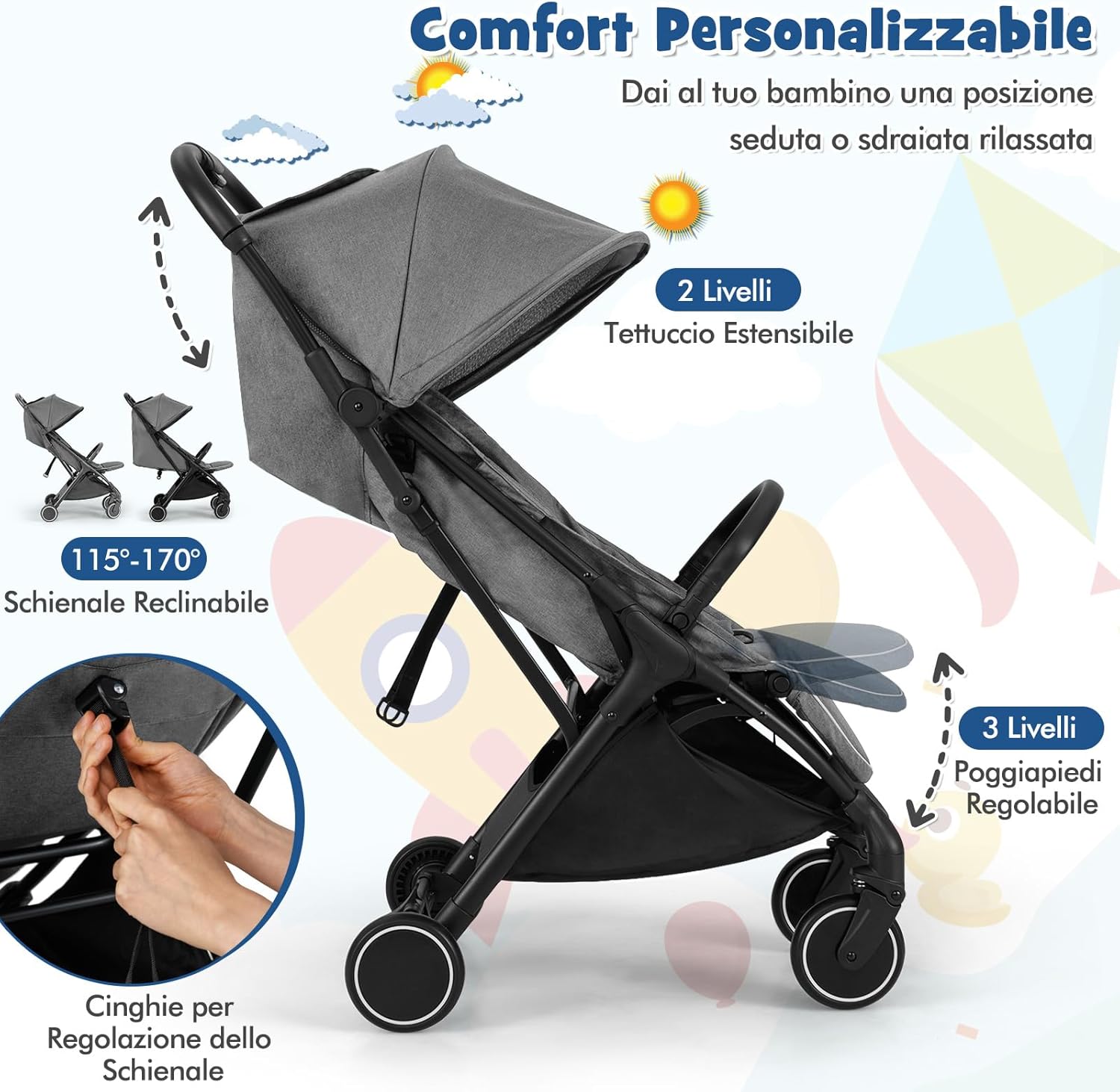 Passeggino Leggero per Bambini, Passeggino da Viaggio con Schienale Regolabile, Passeggino Portatile per Bambini con Schienale Reclinabile e Cappotta Regolabile, per Bambini 0-3 Anni (Grigio)