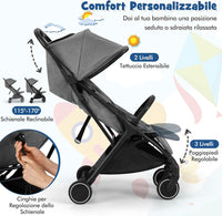 Passeggino Leggero per Bambini, Passeggino da Viaggio con Schienale Regolabile, Passeggino Portatile per Bambini con Schienale Reclinabile e Cappotta Regolabile, per Bambini 0-3 Anni (Grigio)