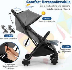 Passeggino Leggero per Bambini, Passeggino da Viaggio con Schienale Regolabile, Passeggino Portatile per Bambini con Schienale Reclinabile e Cappotta Regolabile, per Bambini 0-3 Anni (Grigio)