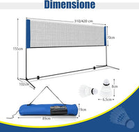 Rete da Badminton 310/420 cm Portatile e Regolabile in Altezza, Set di Rete da Badminton con 2 Volani, Tappi per Piedi, Morsetti e Borsa, per Pallavolo e Pickleball