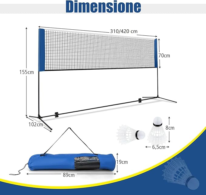 Rete da Badminton 310/420 cm Portatile e Regolabile in Altezza, Set di Rete da Badminton con 2 Volani, Tappi per Piedi, Morsetti e Borsa, per Pallavolo e Pickleball