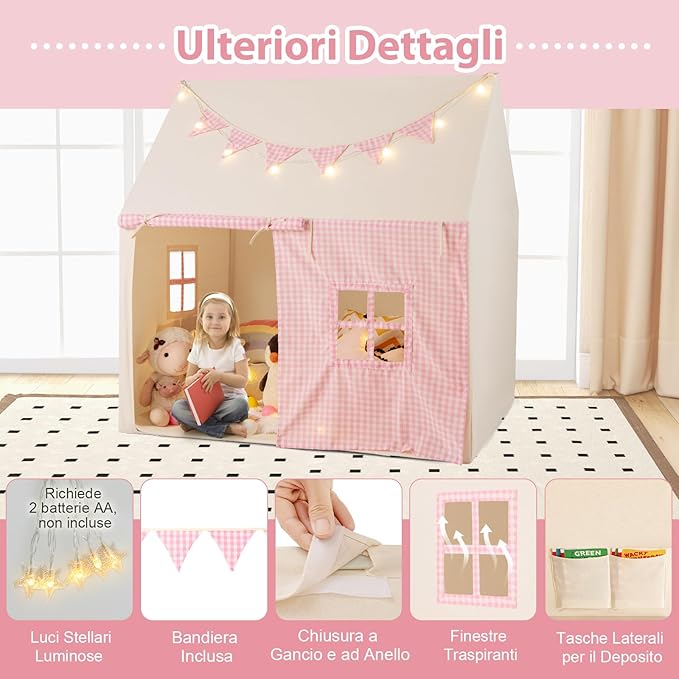 Tenda da Gioco per Bambini, Casetta Tenda da Gioco con Tappetino Imbottito, 2 Finestre Traspiranti e 2 Tasche, Luci a Stella e Bandierine Incluse, Tenda per Bambini 3-8 Anni (Rosa)