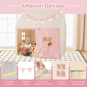 Tenda da Gioco per Bambini, Casetta Tenda da Gioco con Tappetino Imbottito, 2 Finestre Traspiranti e 2 Tasche, Luci a Stella e Bandierine Incluse, Tenda per Bambini 3-8 Anni (Rosa)