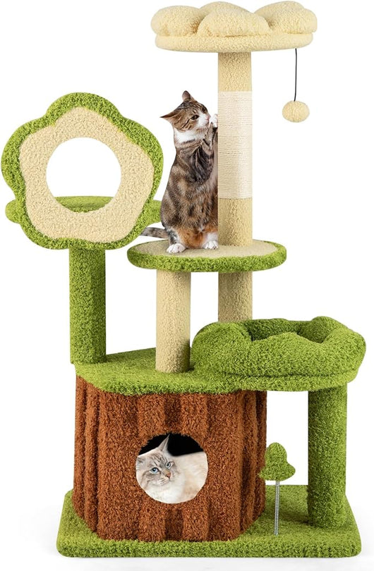 Albero per Gatti, Albero Tiragraffi per Gatto con Condominio Tronco, Trespolo a Fiore, Letto Morbido, Pompon, Giocattolo a Molla e Piattaforme, Tiragrafffi per Gatti da Interno