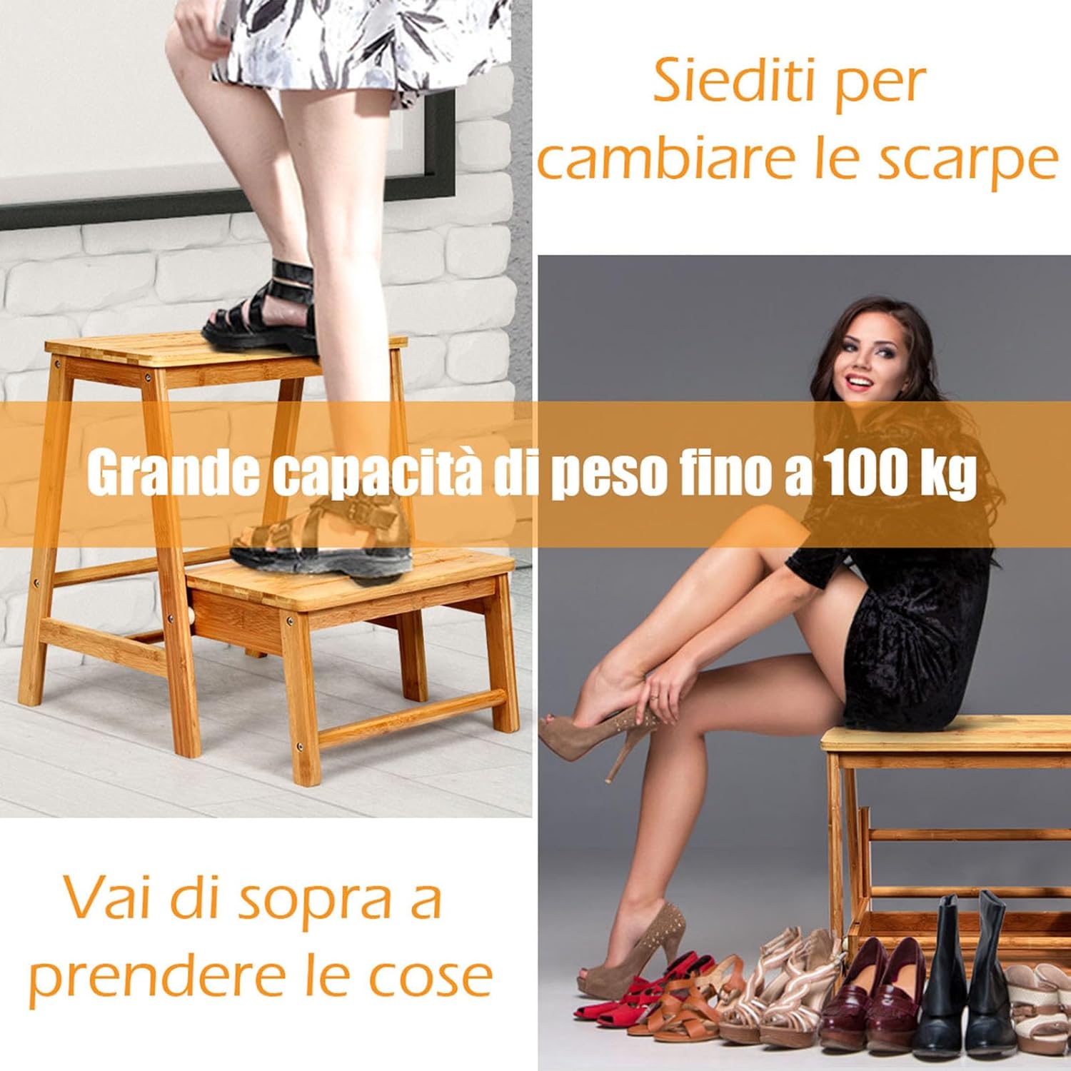 Sgabello Scala in Bambù Sedia Scaletta, Richiudibile Salvaspazio, Portata 100 kg, 45 x 51 x 48 cm (Naturale)