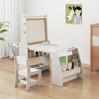 Set Tavolo e Sedia per Bambini, Tavolo in Materiale Sicuro con Lavagna e Sedia, Lavagna Bianca, Rotolo di Carta, 2 Ripiani Aperti e Libreria a 2 Ripiani, Ideale per Disegno (Grigio)