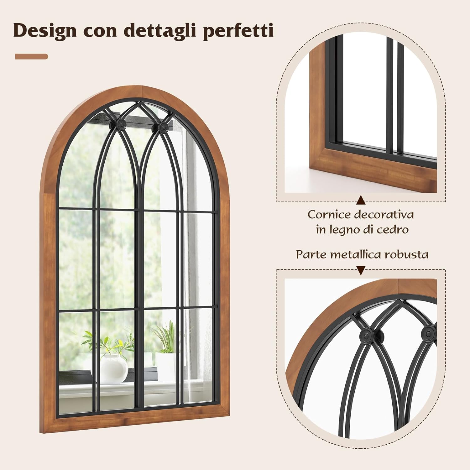 Specchio da Parete 60 x 90 CM, Specchio Finestra con Cornice in Legno di Abete, Specchio Decorativo con per Soggiorno Camera da Letto Ingresso Bagno