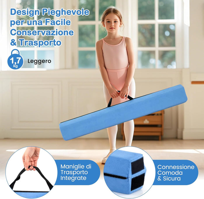 Trave Ginnastica Artistica per Bambini 210 cm, Trave di Equilibrio Pieghevole e Portatile per Casa con Manici, Copertura in Suede Rimovibile e Fondo Antiscivolo