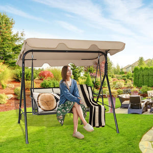 Dondolo da Giardino a 3 Posti, con Tettuccio Parasole Regolabile, Sedia a Dondolo da Giardino con Telaio in Acciaio, 173 x 119 x 152 cm (caff¨¨)