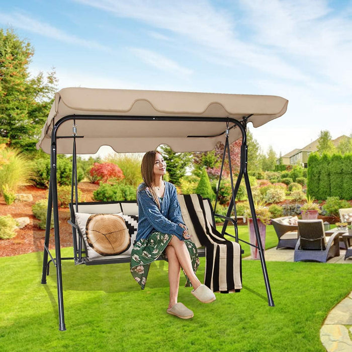 Dondolo da Giardino a 3 Posti, con Tettuccio Parasole Regolabile, Sedia a Dondolo da Giardino con Telaio in Acciaio, 173 x 119 x 152 cm (caff¨¨)