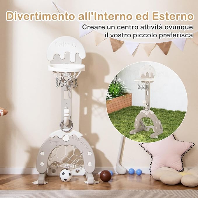 Canestro da Basket per Bambini, 4 in 1 Centro Attività, Porta Calcio Golf Gioco del Cerchio, Altezza Regolabile per Interni ed Esterni, Regalo per Bambini 3-10 Anni