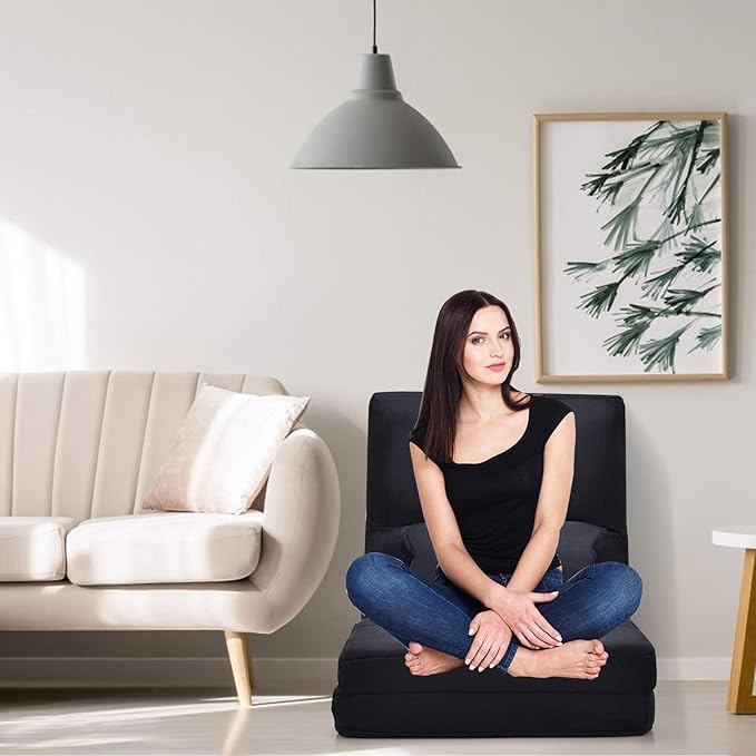 Sedia Pieghevole da Pavimento Portatile, 5 Angoli Regolabile, Cuscino da Seduta con Cuscino per la Schiena, Ideale per Soggiorno Camera da Letto (Nero)