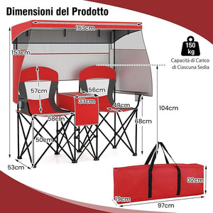Sedia Spiaggia a Doppio, Sedia da Campeggio con Tettoia Regolabile, Poltrona Loveseat per 2 Persone, con Borsa da Trasporto, Borsa Termica, per Giardino Picnic, Portata 300 kg (Rosso)