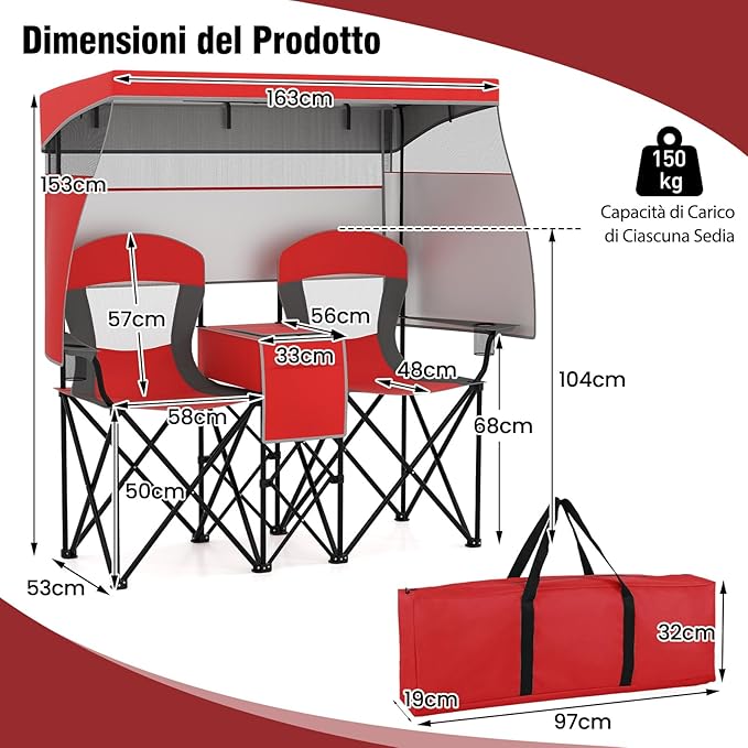 Sedia Spiaggia a Doppio, Sedia da Campeggio con Tettoia Regolabile, Poltrona Loveseat per 2 Persone, con Borsa da Trasporto, Borsa Termica, per Giardino Picnic, Portata 300 kg (Rosso)