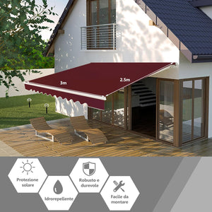 Tenda da Sole per Esterno Avvolgibile 3 x 2,5 M, Tenda da Sole a Bracci Estensibili con Telaio in Alluminio, Tettuccio Resistente al Sole e Impermeabile e Manovella (3 x 2,5 M, Rosso)