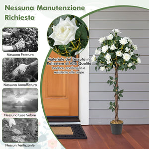 Pianta Floreale Finta 120 CM, Albero di Fiori Artificiali con Rose Bianche, Vaso da Vivaio, Pianta in Vaso da Interno per Decorazione Interna per Ufficio e Casa