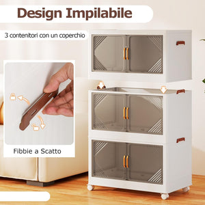 Contenitori da Stoccaggio Pieghevoli con Coperchio da 213/284 L, Scatole Impilabili a 3/4 Piani con Ruote, Organizzatore Pieghevole con Porte per Camera da Letto Soggiorno (65 x 39 x 109 cm)