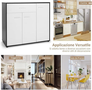 Mobile Credenza Moderno, Armadietto per Cucina con Cassetto e 3 Ante e Ripiano Regolabile, per Cucina, Sala da Pranzo e Soggiorno, 88 x 40 x 80 cm