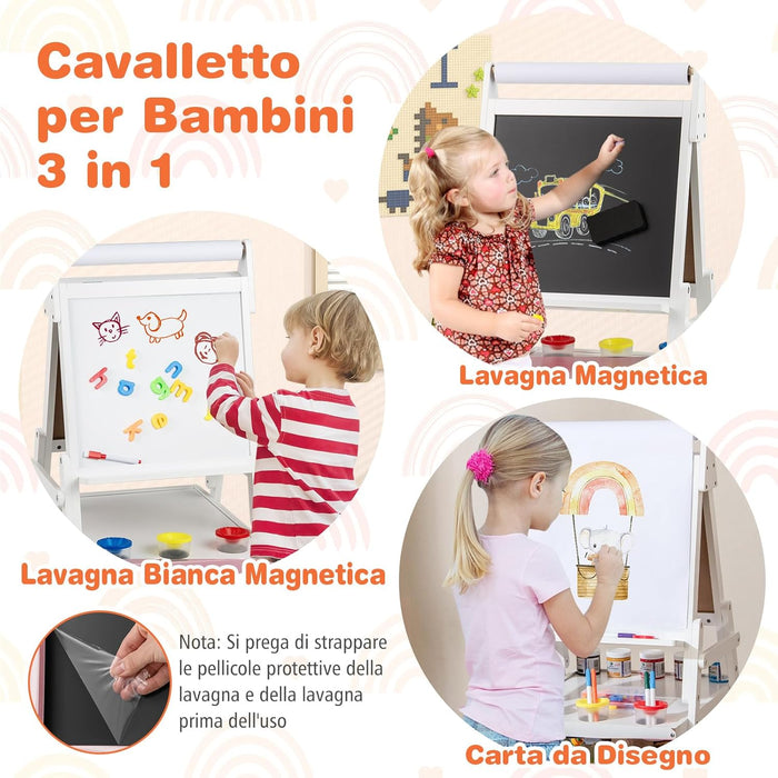 3 in 1 Cavalletto per Bambini, Cavalletto con Doppia Faccia Magnetica e Lavagna Bianca, Rotolo di Carta, 3 Bicchieri per Vernice e 2 Ceste in Tessuto, per Bambini 3-6 Anni (Bianco)
