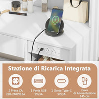 Set Tavolo da Toeletta con Luci, Set Tavolo e Sgabello con Stazione di Ricarica, Ripiano Regolabile, Luci a 3 Colori, Cassetto, Consolle Toeletta con Sgabello Portaoggetti, 90 x 40 x 135,5 cm