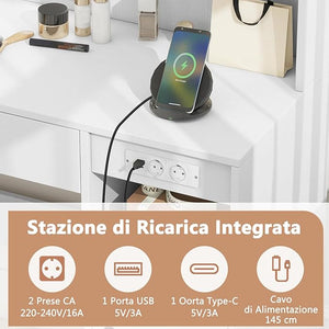 Set Tavolo da Toeletta con Luci, Set Tavolo e Sgabello con Stazione di Ricarica, Ripiano Regolabile, Luci a 3 Colori, Cassetto, Consolle Toeletta con Sgabello Portaoggetti, 90 x 40 x 135,5 cm