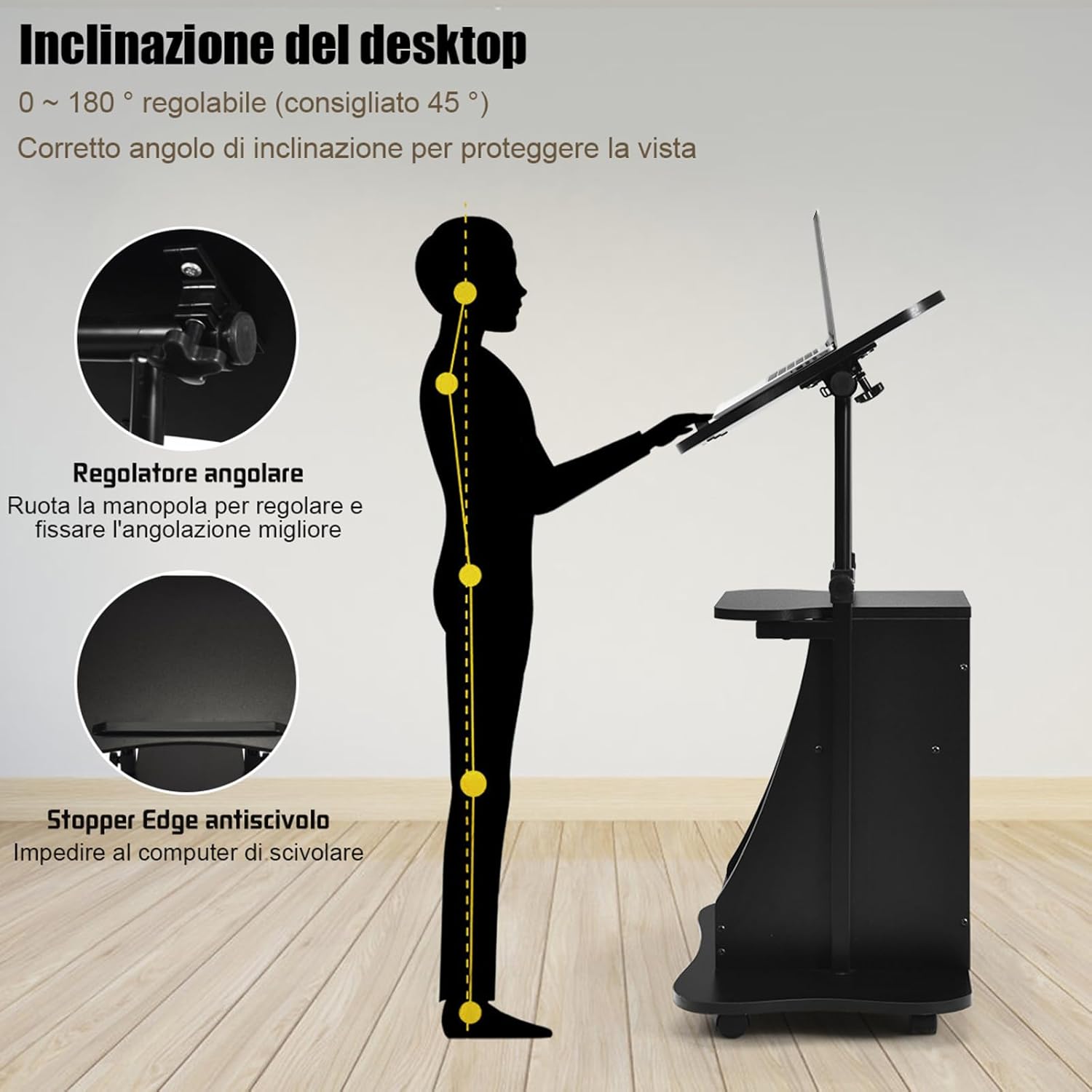 Carrello Porta Computer, Altezza Regolabile, Postazione da Lavoro con Ruote, carretto Porta Computer e Scrivania con Superficie Girevole,Ideale per Casa e Ufficio