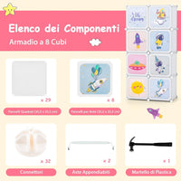 Armadio Portatile per Bambini, Organizzatore Modulari per Bambini a 8 cubi con Ante e Sezione Appendiabiti, Guardaroba Portatile per Sala Giochi Camera da Letto Asilo, 71x35,5x142 cm (Bianco)