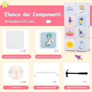 Armadio Portatile per Bambini, Organizzatore Modulari per Bambini a 8 cubi con Ante e Sezione Appendiabiti, Guardaroba Portatile per Sala Giochi Camera da Letto Asilo, 71x35,5x142 cm (Bianco)