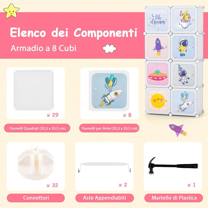 Armadio Portatile per Bambini, Organizzatore Modulari per Bambini a 8 cubi con Ante e Sezione Appendiabiti, Guardaroba Portatile per Sala Giochi Camera da Letto Asilo, 71x35,5x142 cm (Bianco)