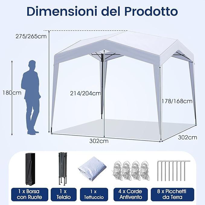 Gazebo Pop-up 302 x 302 cm, Gazebo Impermeabile con Ruote, 8 Picchetti, 4 Corde Antivento, Tendone Pieghevole Resistente per Spiaggia, Feste e Campeggio