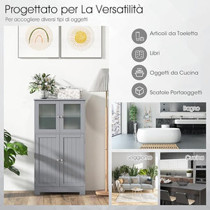 Armadietto del Bagno con 4 Ante, Armadietto con Ante di Vetro, Credenza di Legno con Mensole Regolabili, Organizer Multiuso per Casa Corridoio Salone Ufficio (Grigio)