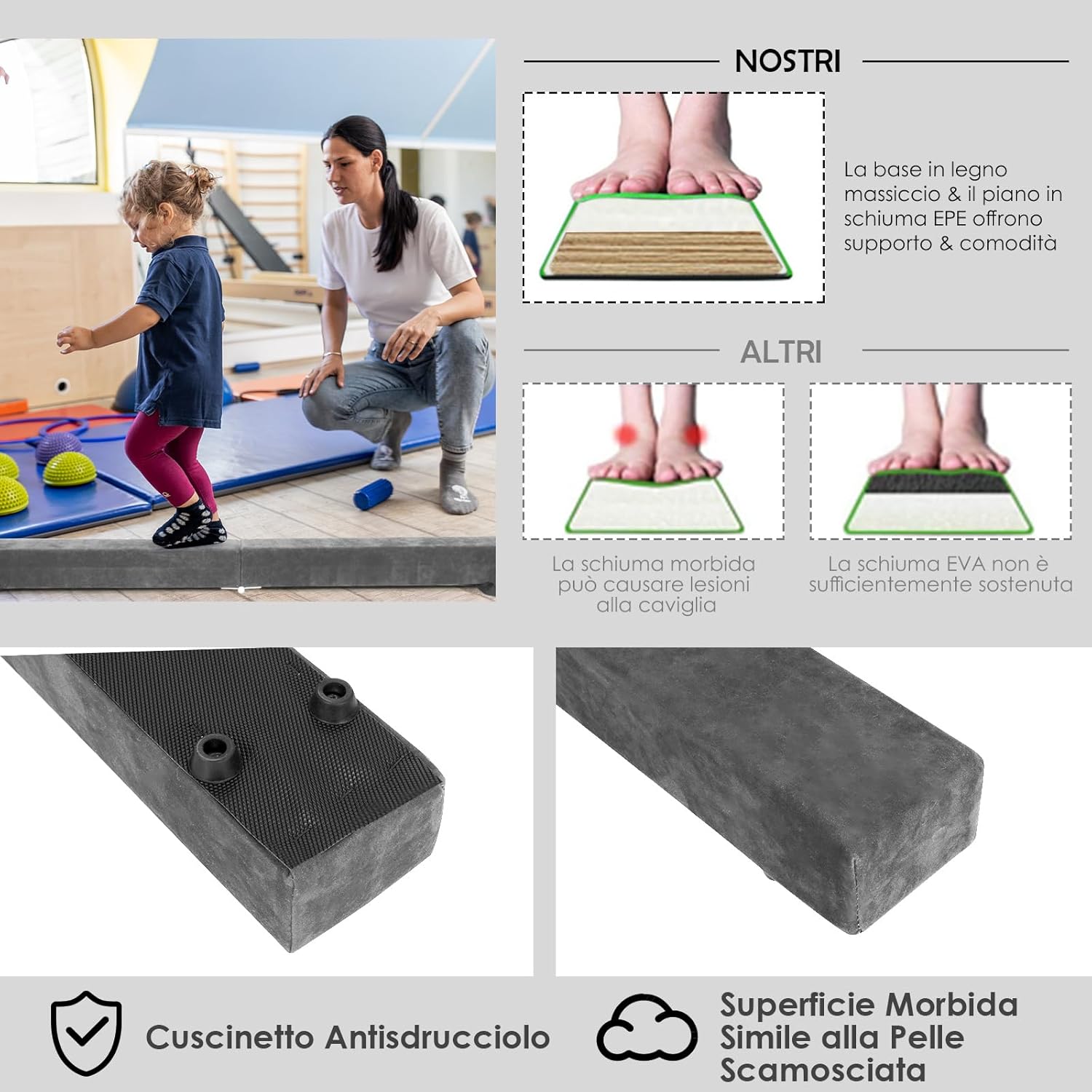 Trave Ginnastica Artistica per Casa 210/240 cm, Trave Pieghevole per Bambini con Maniglia, Base in Legno e Fondo Antiscivolo, Trave di Equilibrio da Pavimento