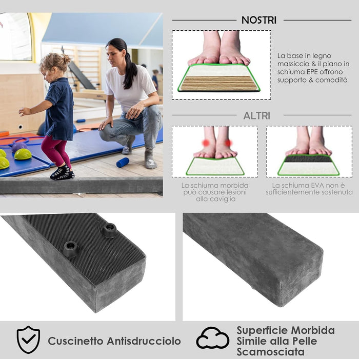 Trave Ginnastica Artistica per Casa 210/240 cm, Trave Pieghevole per Bambini con Maniglia, Base in Legno e Fondo Antiscivolo, Trave di Equilibrio da Pavimento