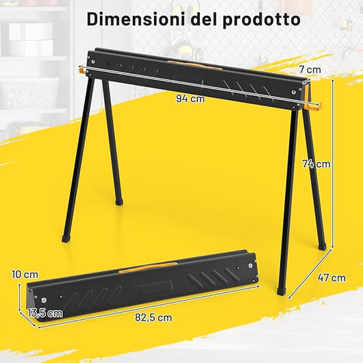 Set di 2 Cavalletti da Lavoro, Cavalletti Pieghevoli e Portatili in Metallo Resistente con Bracci di Supporto Rimovibili 2 x 4, Portata 1000 kg, Supporto per Sega per Officina