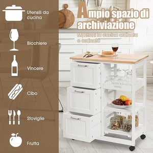 Carrello da Cucina con Ruote, Credenza Cucina con 4 Ripiani e 3 Cassetti, in Legno, Ideale per Cucina Ristorante e Bar, 67 x 37 x 83,5 cm (Bianco)