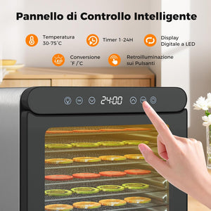600W Essiccatore Alimentare, Disidratatore per Cibo in Acciaio Inox con 7 Vassoi Timer 24 Ore e Temperatura da 30-75℃, Accessori Inclusi, Disidratare per Carne Frutta Verdure